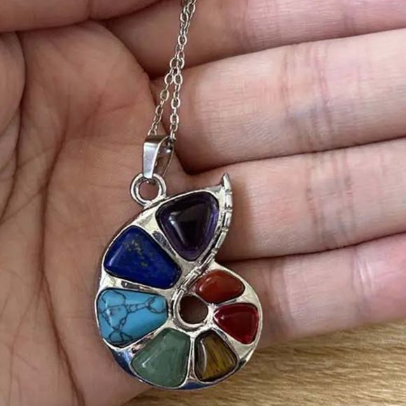 FIBONACCI NAUTILUS SHELL FAUX MULTICOLOR GEMS "CHAKRAS" PENDANT NECKLACE 33 - Picture 3 of 3